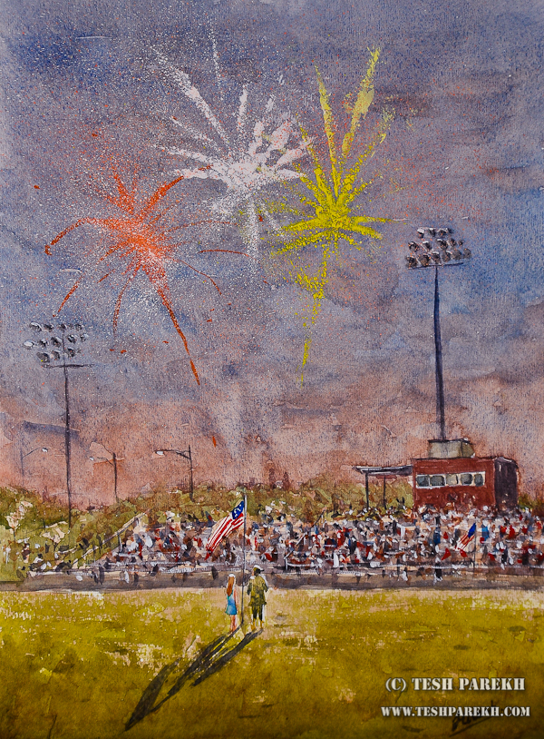 Wake Forest Fireworks – Plein Air Watercolor painting by Raleigh Artist