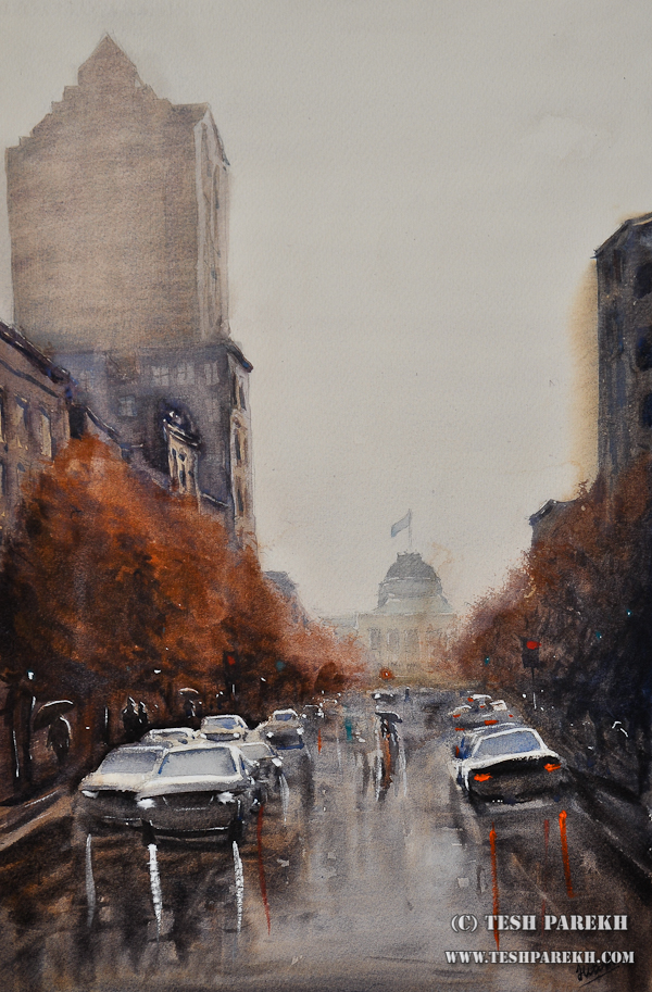 Raleigh Downtown on a Rainy Day – A watercolor painting by NC fine artist