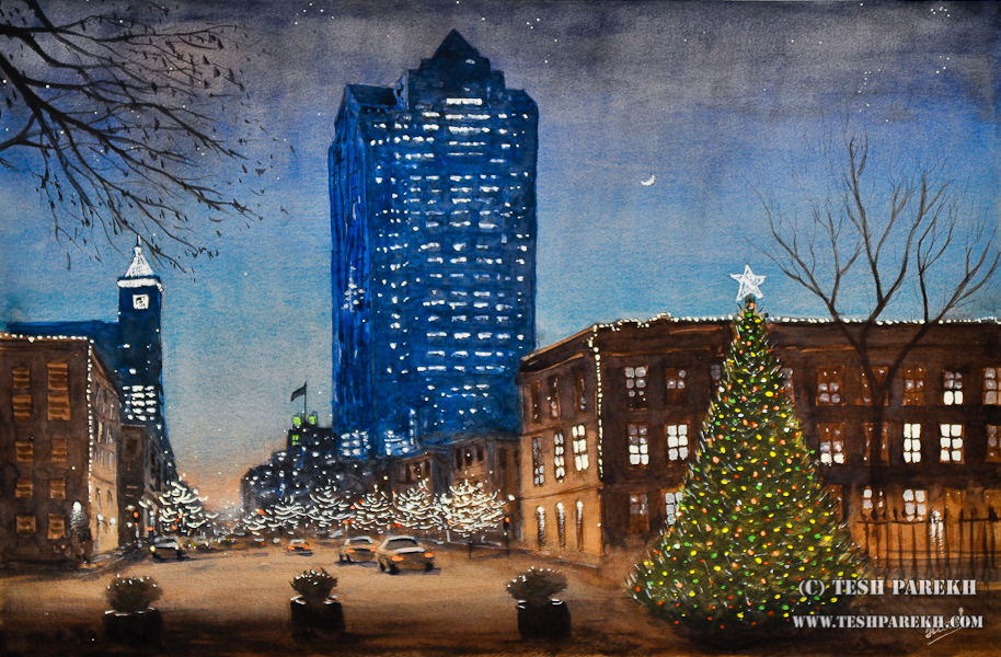 Raleigh Downtown at Christmas – A watercolor painting by NC Fine Artist