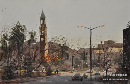 Watercolor painting of UNC Bell Tower – en plein air in Chapel Hill by Raleigh Fine Artist