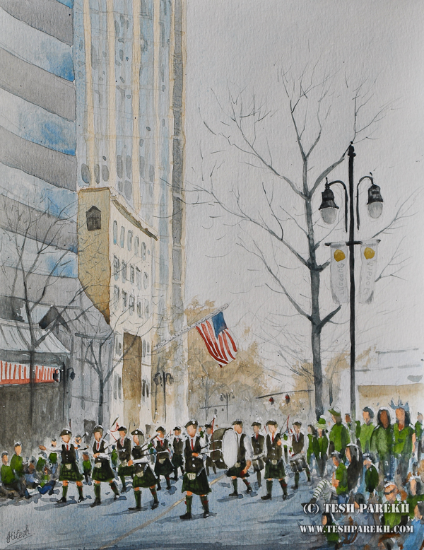 Charlotte’s St. Patrick’s Day Parade – a watercolor painting by Raleigh Fine Artist