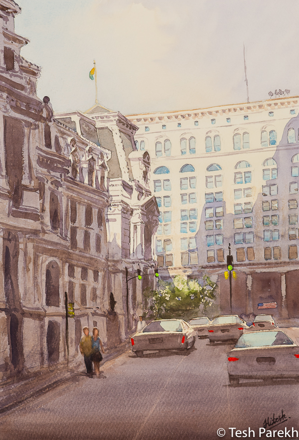 "City Hall Afternoon, Philadelphia". Watercolor painting on paper. 19x13. Available. Philadelphia paintings.